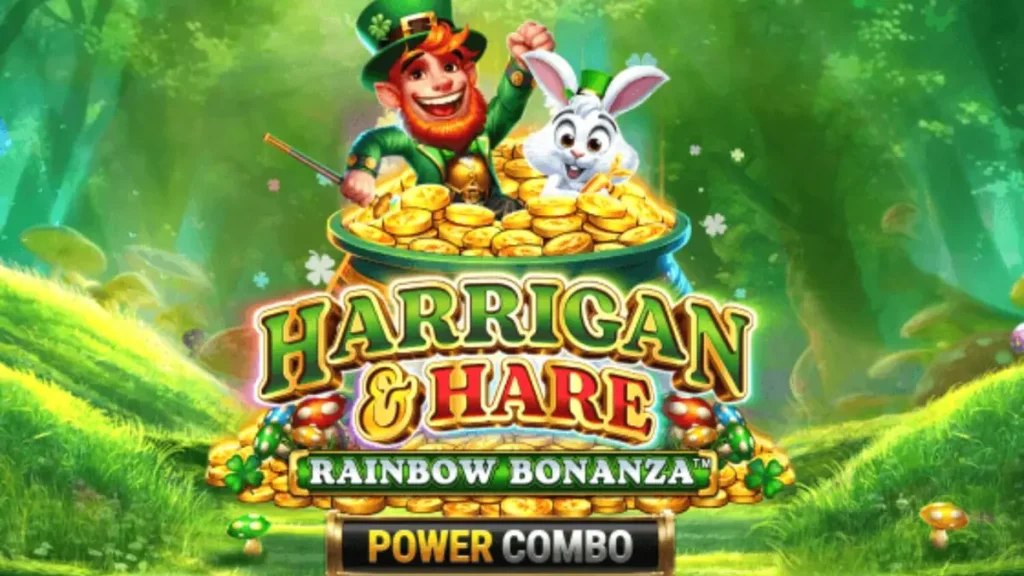 Harrigan & Hare Rainbow Bonanza Power Combo slot dengan tema leprechaun dan pelangi