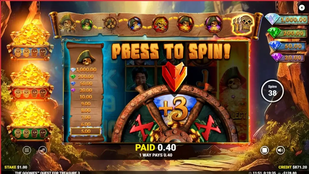 The Goonies Quest for Treasure 3 slot gameplay screen showing iconic movie characters and treasure map theme.